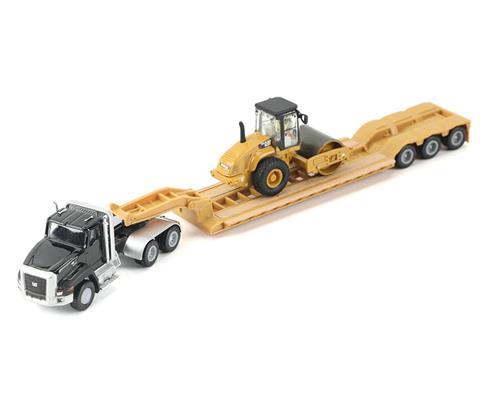 Kenworth T880 in Black with Lowboy Trailer and Caterpillar Roller