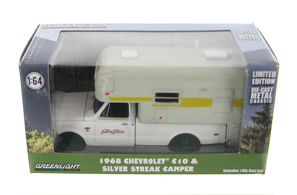 1968 Chevrolet C10 with Silver Streak Camper Hobby Exclusive 1/64 by Greenlight 29865