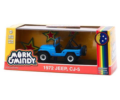 Cars - GREENLIGHT - 86570 - 1972 Jeep CJ-5 - Mork & Mindy</i> (TV Series,  1978-82) Features and Details: Authentic TV Show Decoration Chrome Accents  Real Rubber Tires True-To-Scale Detail Protective Acrylic Case Limited E
