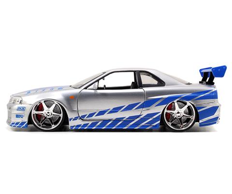Cars JADA TOYS 97158 Brian s Nissan Skyline GT R R34 in Candy Silver with Blue Stripes 2 Fast 2 Furious