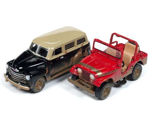 Cars JOHNNY LIGHTNING JLSP060 Offroad Twin Pack Twin packs feature two cars on one blister card. Includes the following Jeep CJ 5 in Dirty Red Renegade 1950 Chevy Suburban in Dirty Black