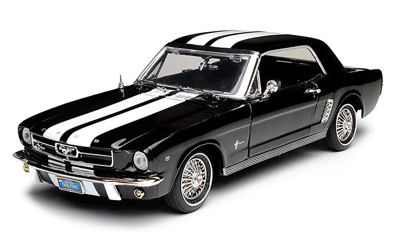 1964 1/2 FORD MUSTANG BLACK W/WHITE STRIPES 1/18 DIECAST MODEL BY MOTORMAX 73164 
