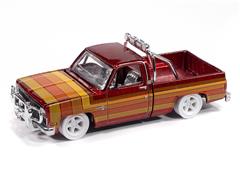 AUTO WORLD #AWSP191-SP - 1981 Chevrolet Silverado Fleetside Lowered in Ultra Red with Chrome Accents 5 Color Stripe Graphics White Wheels and Whi