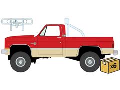 AUTO WORLD #AWSP216-B-CASE - 1987 Chevrolet Silverado Fleetside 4x4 Pickup Truck with Roll Bar and Push Bar in Bright Red with Tan Lower 2-Tone