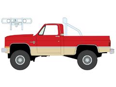 AUTO WORLD #AWSP216-B - 1987 Chevrolet Silverado Fleetside 4x4 Pickup Truck with Roll Bar and Push Bar in Bright Red with Tan Lower 2-Tone