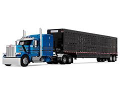 DCP #60-2172 - Peterbilt Model 589 with 72 Mid-Roof Sleeper with Wilson Silverstar Livestock Trailer in Bright Blue with Black Stripes