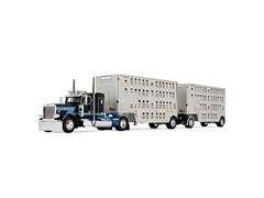 DCP #60-2341 - Peterbilt Model 389 with 36 Flat Top Sleeper in Black and Blue and 28 Wilson Silverstar Double Livestock Trailers