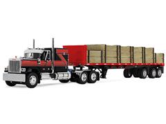 DCP #60-2344 - GMC General with 60 Flat Top Sleeper in Black and Red pulling a 48 Utility Flatbed Trailer with Lumber Load