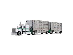 DCP #60-2433 - Peterbilt Model 389 with 36 Flat Top Sleeper in White and Green and 28 Wilson Silverstar Double Livestock Trailers