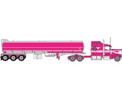IXO AMERICA #U64TRTR012T - 990 Kenworth W900 Semi with Tri Axle Petroleum Tanker in Pink