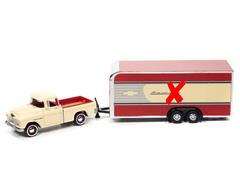 JOHNNY LIGHTNING #JLSP200-B-X - 1955 Chevrolet Cameo Pickup Truck in Bombay Ivory with Enclosed Car Trailer