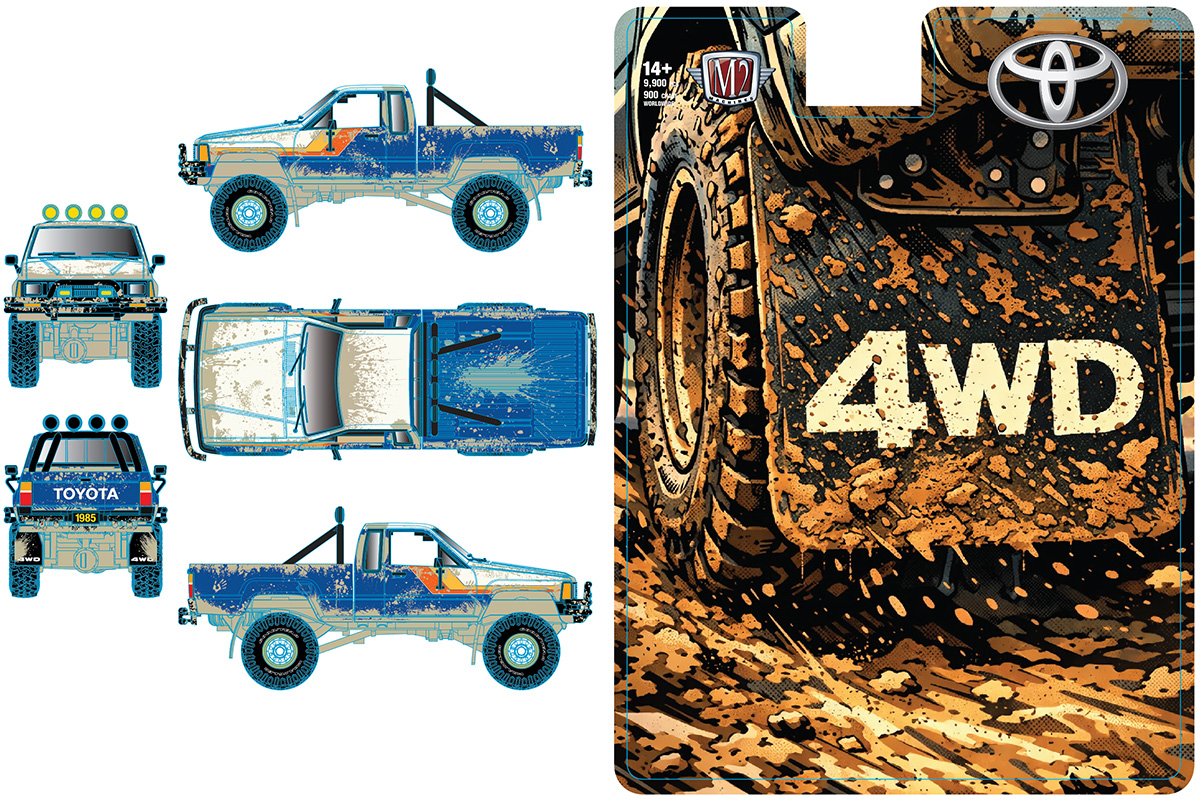 1985 Toyota Truck 4X4 in Blue and White with Orange and Red