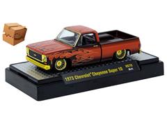 M2MACHINES #31500-HS70-SP-BOX - 1973 Chevrolet Cheyenne Super 10 in Burnt Orange with Detailed Hot Rod-Style Flames and Gold Rims