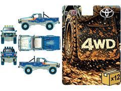M2MACHINES #31500-HS82-CASE - 1985 Toyota Truck 4X4 in Blue and White with Orange and Red Stripes and Mud Splatter Graphics - 12 Pieces