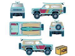 M2MACHINES #31500-HS86-MSTR - 1975 GMC Jimmy Sierra 4X4 Custom Soft Top Pickup Truck in Light Blue with Stripes and Surfboard on the Roof