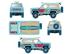 M2MACHINES #31500-HS86 - 1975 GMC Jimmy Sierra 4X4 Custom Soft Top Pickup Truck in Light Blue with Stripes and Surfboard on the Roof