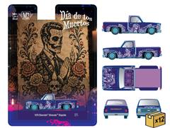 M2MACHINES #31500-HS90-CASE - de los Muertos - 1979 Chevrolet Silverado Stepside Lowrider Pickup Truck in Purple with Custom Silver Artwork - 12