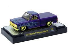 M2MACHINES #32500-108-B-SP - 1973 Chevrolet Cheyenne Super 10 in Purple with Blue Flames and Gold Chrome Rims Interior and Accents