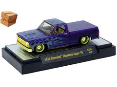 M2MACHINES #32500-108-SP-BOX - 1973 Chevrolet Cheyenne Super 10 in Purple with Blue Flames and Gold Chrome Rims Interior and Accents