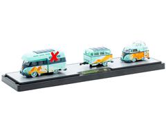 M2MACHINES #36000-85-A-X - 1959 Volkswagen Double Cab Truck USA Model and 1960 Volkswagen Delivery Van and Trailer in Light Blue with Orange Mountain