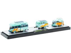 M2MACHINES #36000-85-A - 1959 Volkswagen Double Cab Truck USA Model and 1960 Volkswagen Delivery Van and Trailer in Light Blue with Orange Mountain