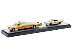 M2MACHINES #36000-S44-A - Paul Rossi - 1974 Dodge Truck and 1970 Dodge Challenger T/A in White with Orange and Yellow Stripes