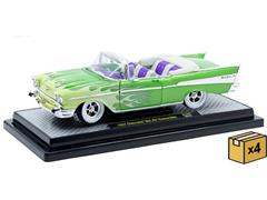 M2MACHINES #40300-139-A-CASE - 1957 Chevrolet Bel Air Convertible in Two-Tone Green Flame Graphics with Purple and White Interior and Chrome Accents in a