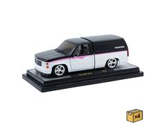 M2MACHINES #40300-146-A-CASE - 1991 GMC Sierra 1500 Pickup Truck in Black White and Pink with Camper Shell in a Non-Returnable 4-Piece CASE