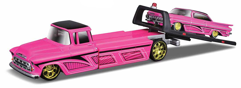 1957 Chevrolet Flatbed with a 1959 Chevrolet Impala SS in Pink and