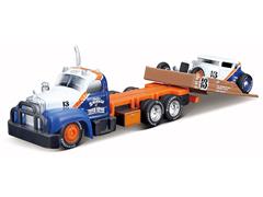 MAISTO #15055-AQ - 1953 Mack B-61 Flatbed with 1929 Ford Model A in Blue and Orange - Elite Transport Series