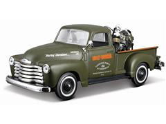 MAISTO #32199 - Harley-Davidson - 1950 Chevrolet 3100 Pickup Truck in Green Hauling a 1936 Harley Davidson El Knucklehead