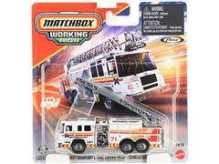 MATCHBOX #JCY27-JJP23 - Pierce Quantum Aerial Ladder Truck in White with Matchbox County Fire Department Liver