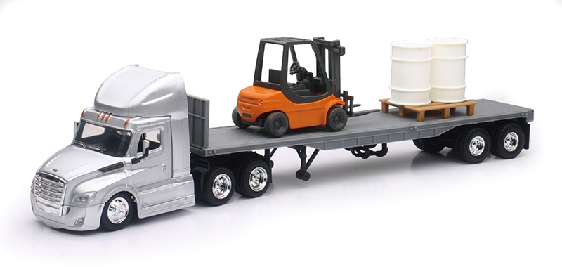Freightliner Cascadia Tractor with Flatbed and Forklift and Pallet