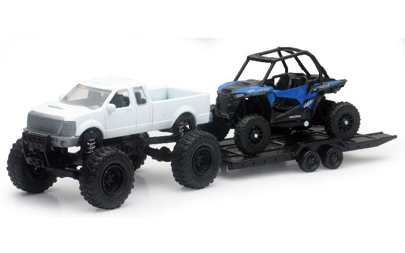 Off-Road Pick Up Truck in White with Trailer and Polaris RZR