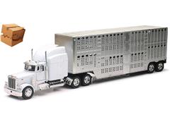 NEW-RAY #12073B-WT-BOX - Peterbilt 379 Truck in White with Pot Belly Livestock Trailer in Chrome